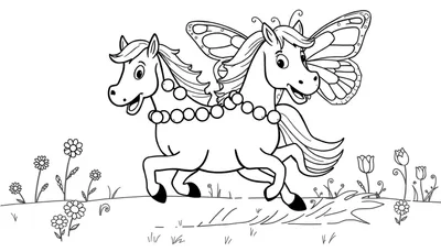 Dessin au trait noir et blanc d'un pégase à deux têtes avec des ailes de papillon courant dans un champ fleuri.