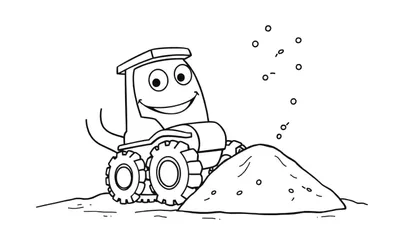 Dessin au trait d'une pelleteuse souriante creusant une pile de terre avec des bulles dans l'air.