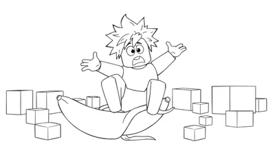 Coloriage d'un personnage de dessin animé effrayé assis sur une banane avec des boîtes autour.