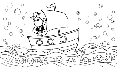 Un dessin animé d'un pirate à barbe blanche avec un chapeau de pirate sur un bateau entouré de bulles et de bonbons souriants naviguant sur des vagues.