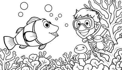 Coloriage d'un poisson clown souriant, d'un enfant avec masque et tuba, et de méduses/poulpes nageant parmi des coraux et des bulles.