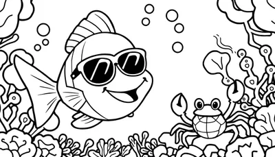 Dessin au trait noir et blanc d'un coloriage sous-marin avec un poisson joyeux portant des lunettes de soleil et un crabe souriant avec des pinces levées, entourés de végétation marine.