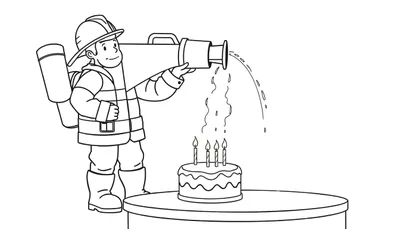 Coloriage d'un pompier cartoon avec un casque et un uniforme, arrosant un gâteau d'anniversaire avec quatre bougies allumées à l'aide d'un tuyau d'arrosage.