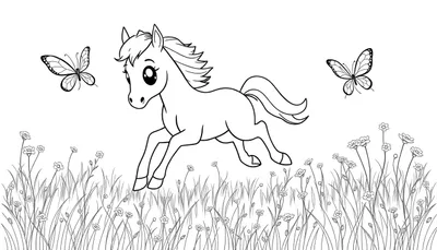 Dessin au trait noir et blanc d'un poney courant dans un champ de fleurs avec deux papillons.