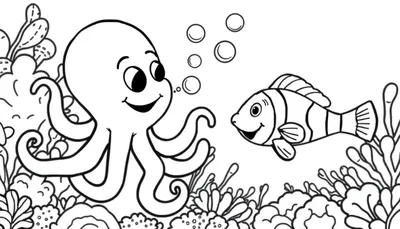 Coloriage d'un poulpe souriant et d'un poisson clown dans un récif corallien.