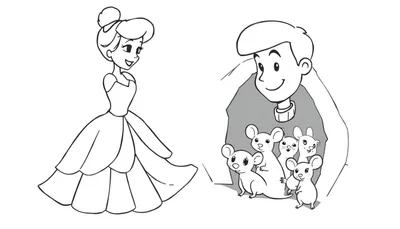 Dessin au trait d'une princesse et d'un jeune homme avec des souris amicales.