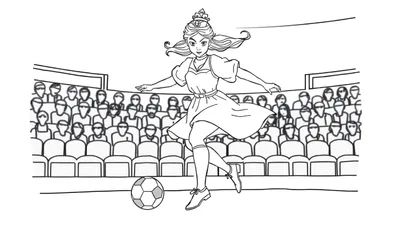 Dessin en noir et blanc d'une jeune femme princesse portant une couronne, une robe, des chaussettes montantes et des chaussures de sport, frappant un ballon de football dans un stade rempli de spectateurs stylisés.