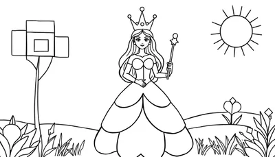 Dessin à colorier d'une princesse souriante avec une couronne et une baguette magique, un soleil et des fleurs en arrière-plan.