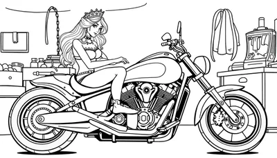 Dessin au trait pour coloriage: une princesse portant une couronne est assise sur une moto de type chopper dans un garage avec des étagères, un portant et une machine.