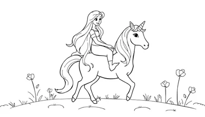 Coloriage d'une princesse aux longs cheveux sur le dos d'une licorne dans un champ de fleurs.