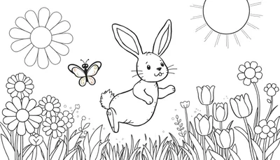 Coloriage d'un lapin joyeux sautant parmi des fleurs printanières, avec un papillon et un grand soleil.