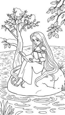 Coloriage d'une jeune fille aux longs cheveux, similaire à Raiponce, assise sur un rocher dans un étang, lisant un livre.