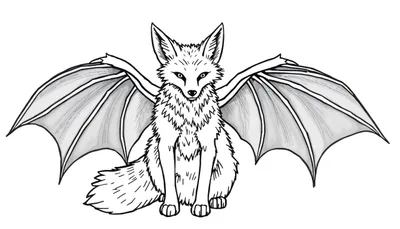 Dessin en noir et blanc d'un renard assis avec des ailes de chauve-souris déployées.
