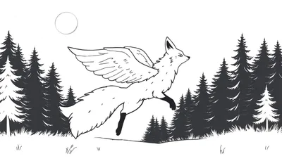 Coloriage d'une renarde volante avec des ailes, sur fond de forêt de sapins et de ciel nocturne avec une lune.