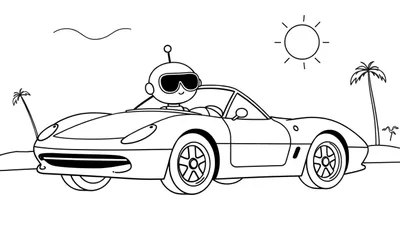 Dessin au trait d'un robot conduisant une voiture décapotable, portant des lunettes de soleil, dans un décor tropical avec un palmier, la mer et le soleil.