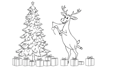 Dessin au trait d'un sapin de Noël décoré, un renne joyeux accrochant une boule et plusieurs cadeaux emballés autour.