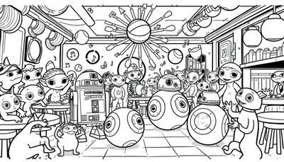 Coloriage d'une scène intérieure de fête avec des petits aliens cartoon, des droïdes BB-8, un comptoir de bar, des lumières décoratives et des notes de musique.