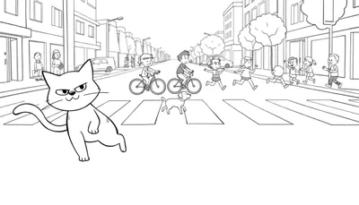Coloriage d'une scène de rue animée avec un chat traversant la rue, un chien, des enfants jouant, un tramway et des arbres.