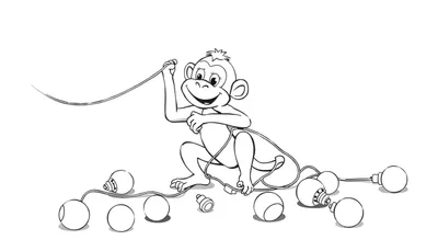 Dessin en noir et blanc d'un singe de dessin animé jouant avec un fil d'ampoules colorées
