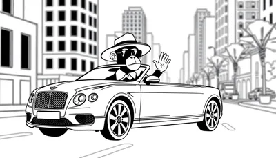 Dessin au trait noir et blanc d'un singe conduisant une Bentley décapotable, portant un chapeau et des lunettes de soleil, dans une ville avec des gratte-ciel et des palmiers.