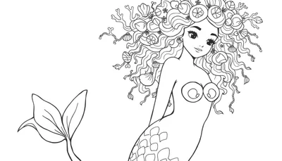 Dessin à colorier d'une sirène métisse avec des cheveux bouclés décorés de coquillages et de coraux.