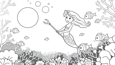 Coloriage d'une sirène de dessin animé avec de longs cheveux, tenant un trident, entourée de poissons, de coraux et de bulles.