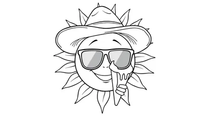 Dessin au trait d'un soleil souriant avec des lunettes de soleil, un chapeau de paille et une crème glacée qui dégouline.