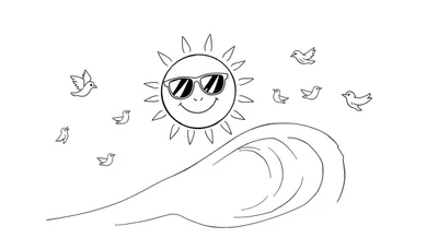 Coloriage d'un soleil souriant avec des lunettes de soleil, entouré d'oiseaux, sur fond de vague marine.