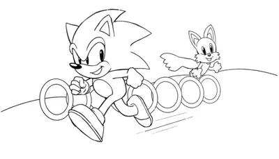 Coloriage de Sonic le hérisson et Tails le renard courant ensemble dans une scène d'action, entourés d'anneaux.
