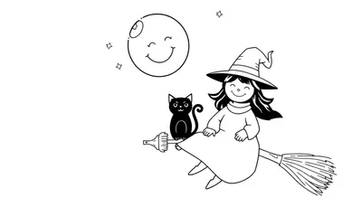 Dessin pour coloriage d'une petite sorcière avec un chapeau pointu et une longue robe, volant sur un balai à côté d'un chat noir. La scène inclut une lune souriante et des étoiles dans le ciel, typique d'une ambiance d'Halloween.