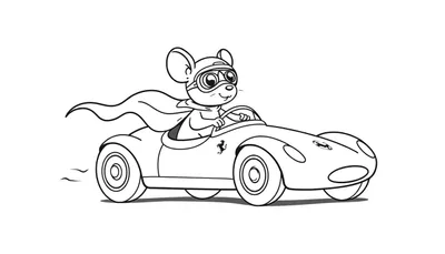 Dessin au trait d'une souris portant un casque et une cape, conduisant une voiture de sport rapide.