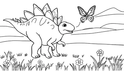 Coloriage d'un Stegosaure debout dans une prairie avec un papillon et des fleurs.