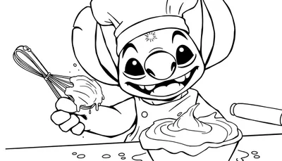 Dessin au trait noir et blanc de Stitch déguisé en chef cuisinier, préparant une pâte dans un bol avec un fouet et tenant un rouleau à pâtisserie. Colorier ce dessin de Stitch.