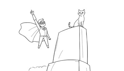 Dessin au trait d'un enfant en costume de super-héros volant, avec un chat sur le toit d'un immeuble.