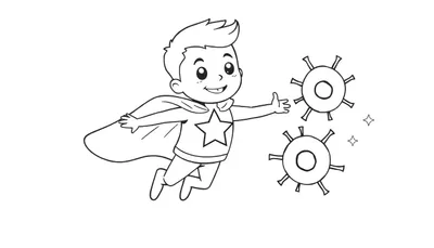 Dessin pour coloriage d'un jeune super-héros en costume, volant dans les airs avec une cape et une étoile sur son t-shirt, se dirigeant vers des formes rondes piquantes représentant des virus. Des étoiles scintillantes sont visibles.