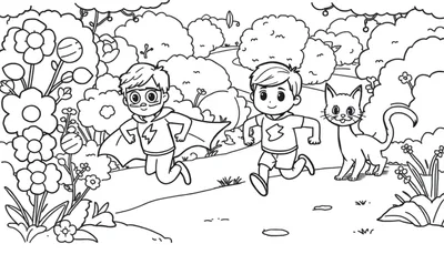 Coloriage de deux garçons, dont un en costume de super-héros, courant dans un jardin fleuri avec un chat.
