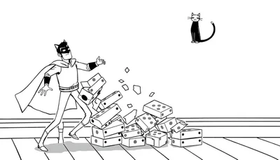 Coloriage d'un personnage de super-héros lançant des dominos, avec un chat noir.