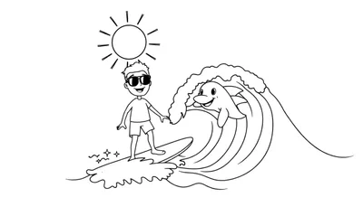 Dessin en noir et blanc d'un enfant surfeur avec un dauphin nageant à côté de lui dans une vague.