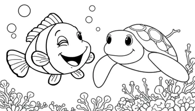 Coloriage d'une tortue marine et d'un poisson clown nageant ensemble, avec des bulles et du corail.
