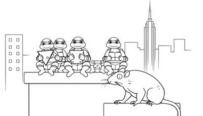 Coloriage des Tortues Ninja et de Splinter sur un toit d'immeuble à New York.