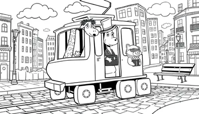 Coloriage d'un tramway fantaisiste traversant une rue de ville européenne avec des personnages excentriques comme une girafe, un homme en chapeau haut de forme et un animal en bandana.