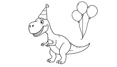 Coloriage d'un dinosaure Tyrannosaure Rex souriant portant un chapeau de fête avec des ballons.
