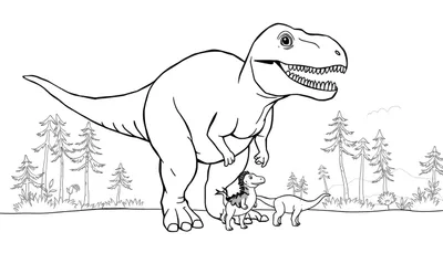 Dessin au trait d'un Tyrannosaure Rex protégeant ses enfants dans une forêt jurassique avec des arbres et d'autres petits dinosaures.