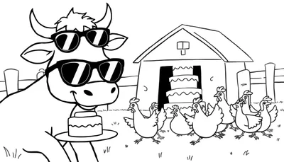 Coloriage d'une vache avec des lunettes de soleil mangeant un gâteau, près d'une grange pleine de gâteaux et de poules.