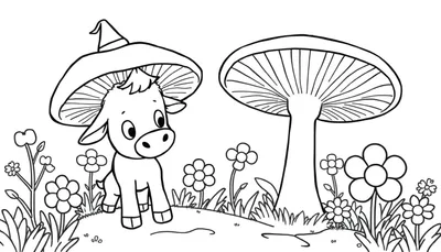 Dessin au trait d'un veau avec un chapeau champignon, des champignons et des fleurs.
