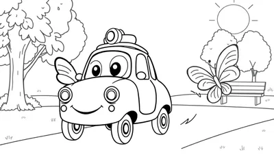 Coloriage d'une voiture aux ailes de papillon dans un paysage avec un grand arbre, un banc, deux petits arbres, le soleil et un grand papillon.