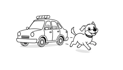 Dessin au trait de coloriage: une voiture de police cartoon et un chien joyeux qui court.