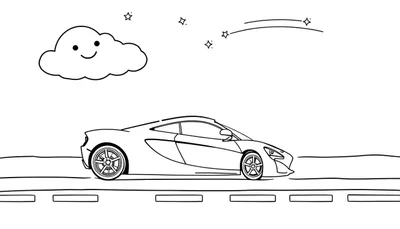 Dessin de coloriage d'une voiture de sport rouge, d'étoiles filantes et d'un nuage souriant sur une route.