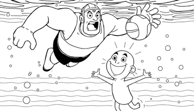 Coloriage noir et blanc: joueur de water-polo et jeune garçon dans l'eau.