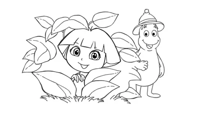 Dessin au trait de deux personnages de dessin animé, une fille cachée derrière des feuilles et un explorateur souriant, entourés de végétation.